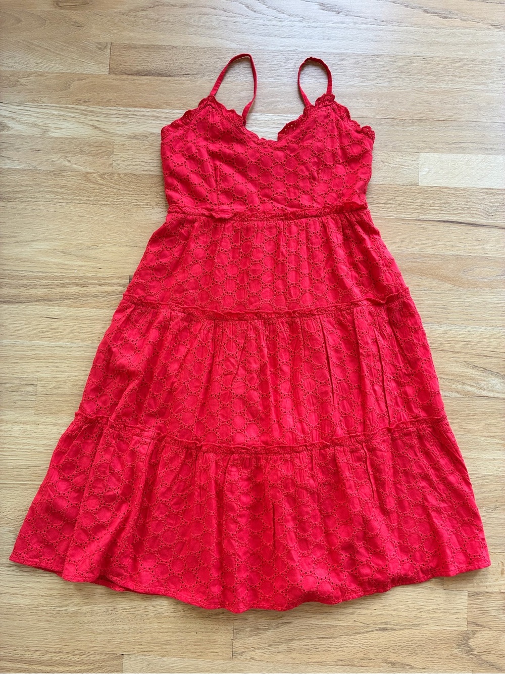 Sim & Sam S Red Eyelet Tiered Spaghetti Strap Sundress Smocked Back Pockets - Picture 3 of 12